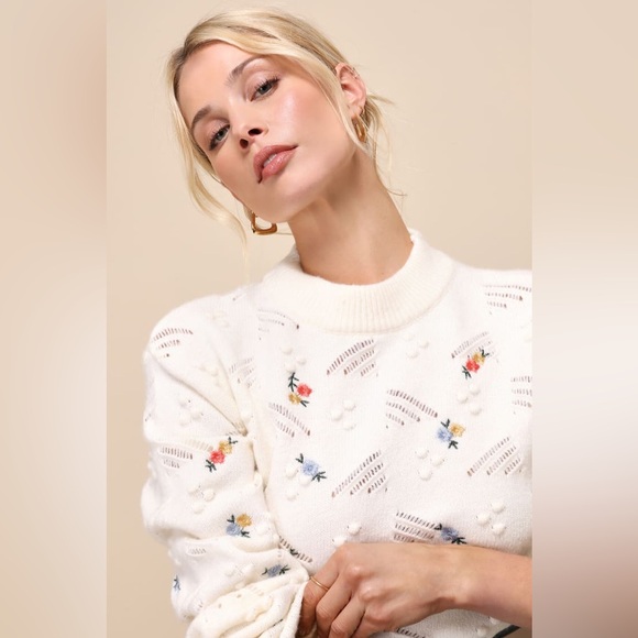 Lulus Sweaters - Lulus Sweet Suggestion Ivory Floral Embroidered Textured Sweater-Size XS